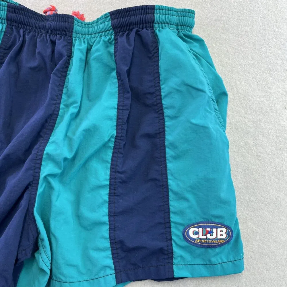 Club Sportswear Swim Trunks USA Made 80s 90s M Teal Navy Unisex Colorblock VTG